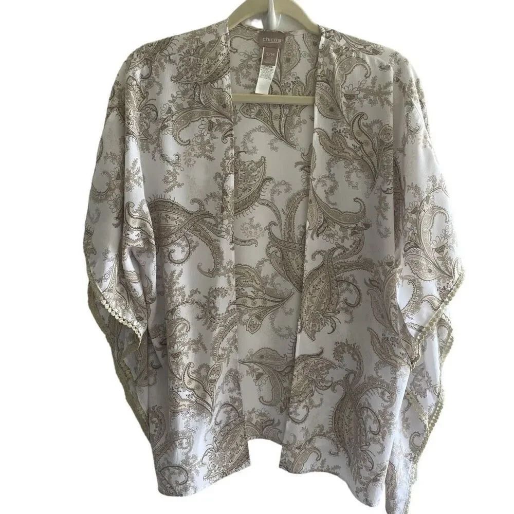 Chico’s Paisley Kimono Cardigan Women’s Small Medium White Tan Brown Lightweight